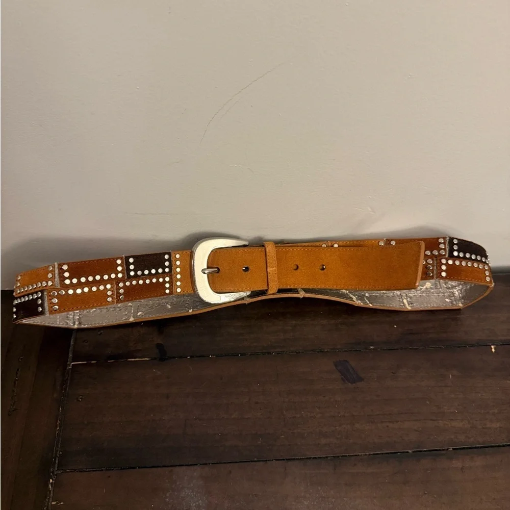Michael Kors Studded Leather Belt Brown & Black Silver Buckle